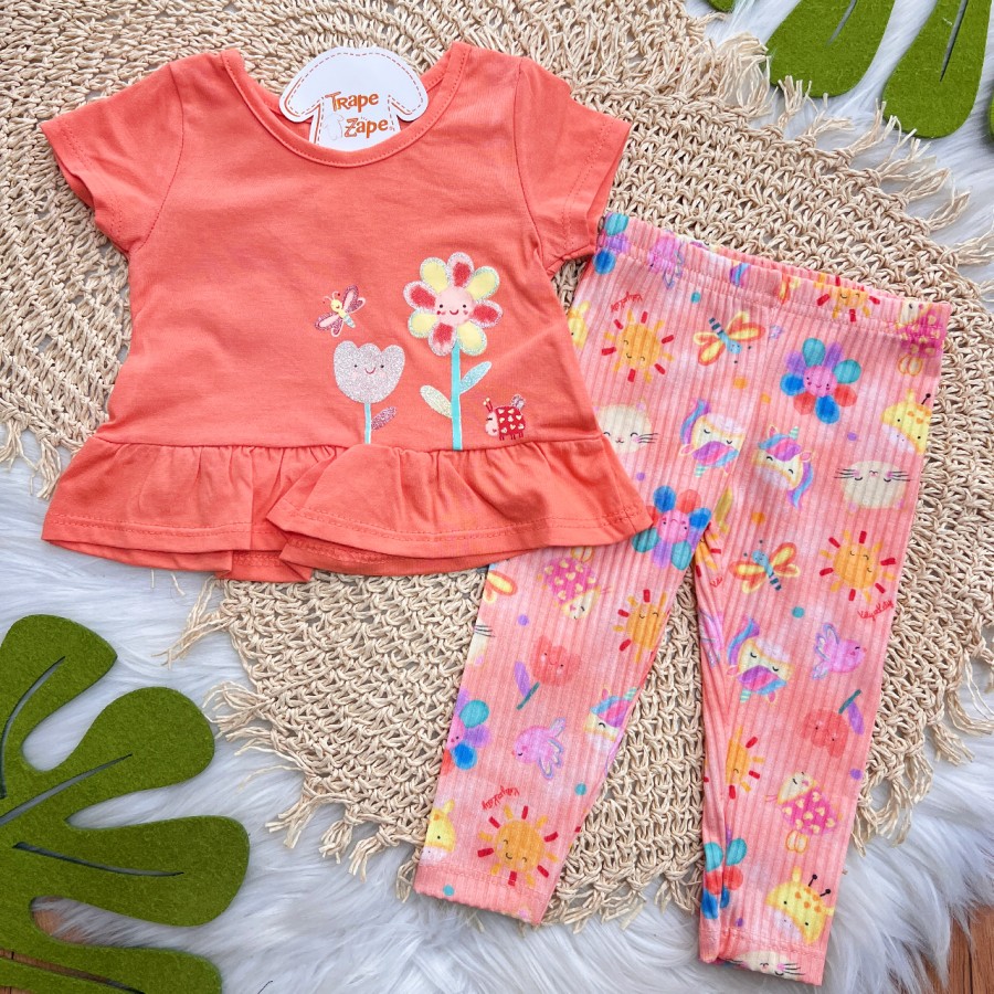 Conj. Blusa Florzinhas e Calça Canelada Solzinho - Laranja